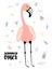 Vector tropical illustration of a flamingo with strawberry, pineapple, watermelon, hearts. Hand-drawn exotic poster for kids,