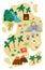 Vector tropical island icon. Cute sea isle with sand, palm trees, volcano, rocks, waterfall illustration. Treasure island picture