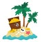 Vector tropical island icon. Cute sea isle with sand, water and palm trees illustration. Treasure island picture with chest, gold