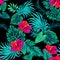 Vector tropical pattern with palms and hibiscus .