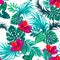 Vector tropical pattern with palms and hibiscus flower.