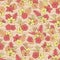 Vector tropical repeat pattern with orchid, hibiscus and bird of paradise flowers on the beige zig zag background