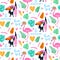 Vector tropical seamless pattern with pink flamingo, toucan, tropic leaves. Exotic background.