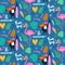 Vector tropical seamless pattern with pink flamingo, toucan, tropic leaves. Exotic background.