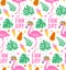 Vector tropical seamless pattern with pink flamingo, tropic leaves.