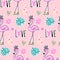 Vector tropical seamless pattern with pink flamingo, tropic leaves.