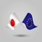 Vector two crossed japanese and european union flags on silver sticks japan and eu