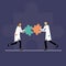 Vector of two doctors man and woman in uniform putting puzzle pieces together a symbol of team work, medical decision and