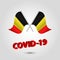 Vector two waving crossed flags of belgium on silver pole - belgium icon  with red 3d text title coronavirus covid-19