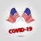 Vector two waving crossed flags of usa on silver pole - american icon with red 3d text title coronavirus covid-19