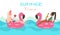 Vector of two women swimming with pink flamingo pool float