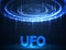 Vector UFO. Light in dark. Blue glowing. Space. Abstract alien