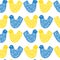 Vector ukrainian seamless pattern with Funny yellow and blue chickens bird on white background. Illustration for design