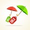 Vector umbrellas with sale stickers. Flat Design
