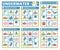 Vector under the sea bingo cards set. Fun family lotto board game with cute submarine, diver, dolphin, fish, water animals for