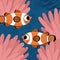 Vector under the sea landscape illustration with clown fish and actinia. Ocean life scene with sand, seaweeds, corals, reefs. Cute