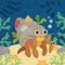 Vector under the sea landscape illustration with hermit crab. Ocean life scene with sand, seaweeds, corals, reefs. Cute square