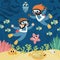 Vector under the sea landscape illustration with kid divers. Ocean life scene with sand, seaweeds, corals, reefs. Cute square