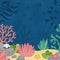 Vector under the sea landscape illustration. Ocean life scene with sand, seaweeds, stones, corals, reefs. Cute square water nature