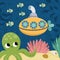 Vector under the sea landscape illustration with octopus and submarine. Ocean life scene with sand, seaweeds, corals, reefs. Cute