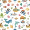 Vector under the sea seamless pattern. Repeat background with cute fish, seaweeds, divers, submarine. Ocean life digital paper.
