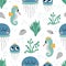 Vector under the sea seamless pattern. Repeat background with jellyfish and its baby. Ocean life digital paper. Funny water