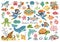 Vector under the sea set. Ocean collection with seaweeds, fish, divers, submarine. Cartoon water animals and weeds for kids.