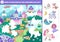 Vector unicorn cut and glue activity. Crafting game with cute magic village landscape and characters. Fairytale printable
