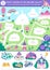 Vector unicorn cut and glue activity. Crafting game with cute magic village landscape map. Fairytale printable worksheet for