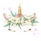 Vector unicorn face with closed eyes and wreath of flowers with golden horn, tiara