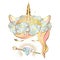 Vector unicorn face with closed eyes and wreath of flowers with  golden horn, tiara, magic wand and gem