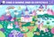 Vector unicorn searching game with magic village landscape. Spot hidden crystals and horns. Simple fantasy or fairytale world seek