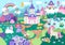 Vector unicorn themed landscape illustration. Fairytale scene with characters, castle, rainbow, forest. Magic nature background
