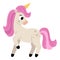 Vector unicorn with yellow horn and pink mane. Fantasy animal. Fairytale horse character for kids. Cartoon magic creature icon