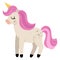 Vector unicorn with yellow horn and pink mane. Fantasy animal. Fairytale horse character for kids. Cartoon magic creature icon