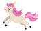 Vector unicorn with yellow horn and pink mane. Fantasy running animal with closed eyes. Fairytale horse character for kids.