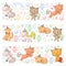 Vector unicorns. Caticorn. Cat, dog, pony with horn and rainbow. Fantasty vector icons. Cute kindergarten pattern for