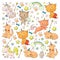 Vector unicorns. Caticorn. Cat, dog, pony with horn and rainbow. Fantasty vector icons. Cute kindergarten pattern for