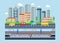 Vector Urban modern city landscape flat concept illustration. Smart city subway, cars, buildings and skyscrapers