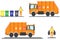Vector urban sanitary vehicle garbage front loader truck and scavenger. Garbage Man in uniform gathering garbage and plastic waste