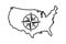 Vector usa country linear map with isolated compass. Compass, navigation icon. Vector graphic. Vintage compass