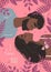 Vector valentine card with cute characters. Lovers black african american man and woman hug.