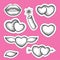 Vector Valentine day patch badges in dotwork style. Dotted lips, heart, wings and dynamite isolated on white background.