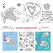 Vector Valentine day set with fishes in contour style. Outline cartoon fish, ornate hearts and greeting card isolated on white.