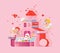 Vector Valentines day greeting card with cupids workplace love gift factory.