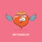Vector Valentines day greeting card with funny cartoon pink heart character with wings and holy angel golden nimbus