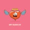 Vector Valentines day greeting card with funny cartoon pink heart character with wings and holy angel golden nimbus
