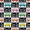 Vector Vans in Orange Green Red Yellow and Blue on White and Black Squares with Text Seamless Repeat Pattern. Background