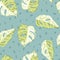 Vector Variegated Monstera Leaves on Spotted Green seamless pattern background. Perfect for fabric, scrapbooking and