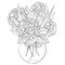 Vector vase with bouquet of outline Hydrangea or Hortensia flower bunch and ornate leaves in black isolated on white background.